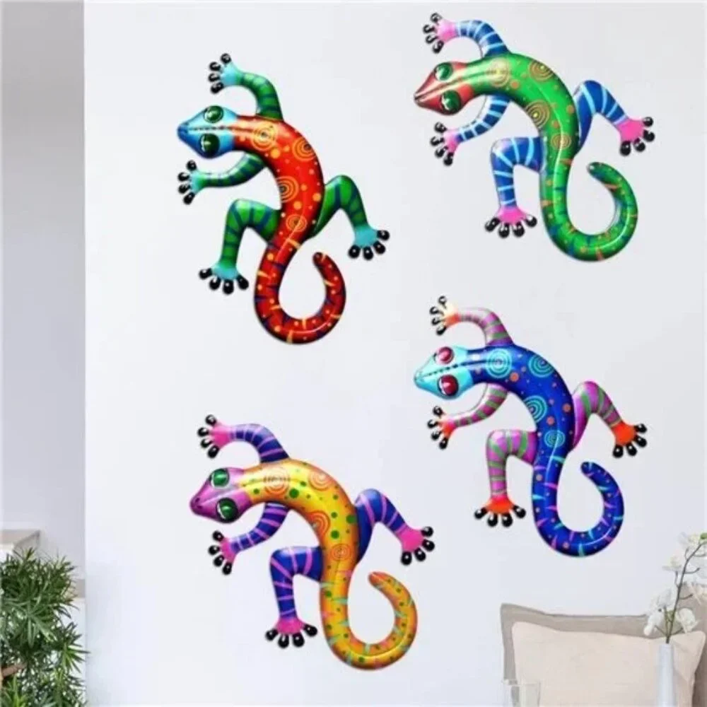 4 Pack Metal Gecko Wall Decor, 3D Lizards Inspirational Wall Art, Colorful Wall